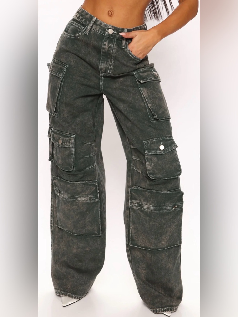 Fashion Nova Distressed Olive Green Wide-Leg Cargo Pants